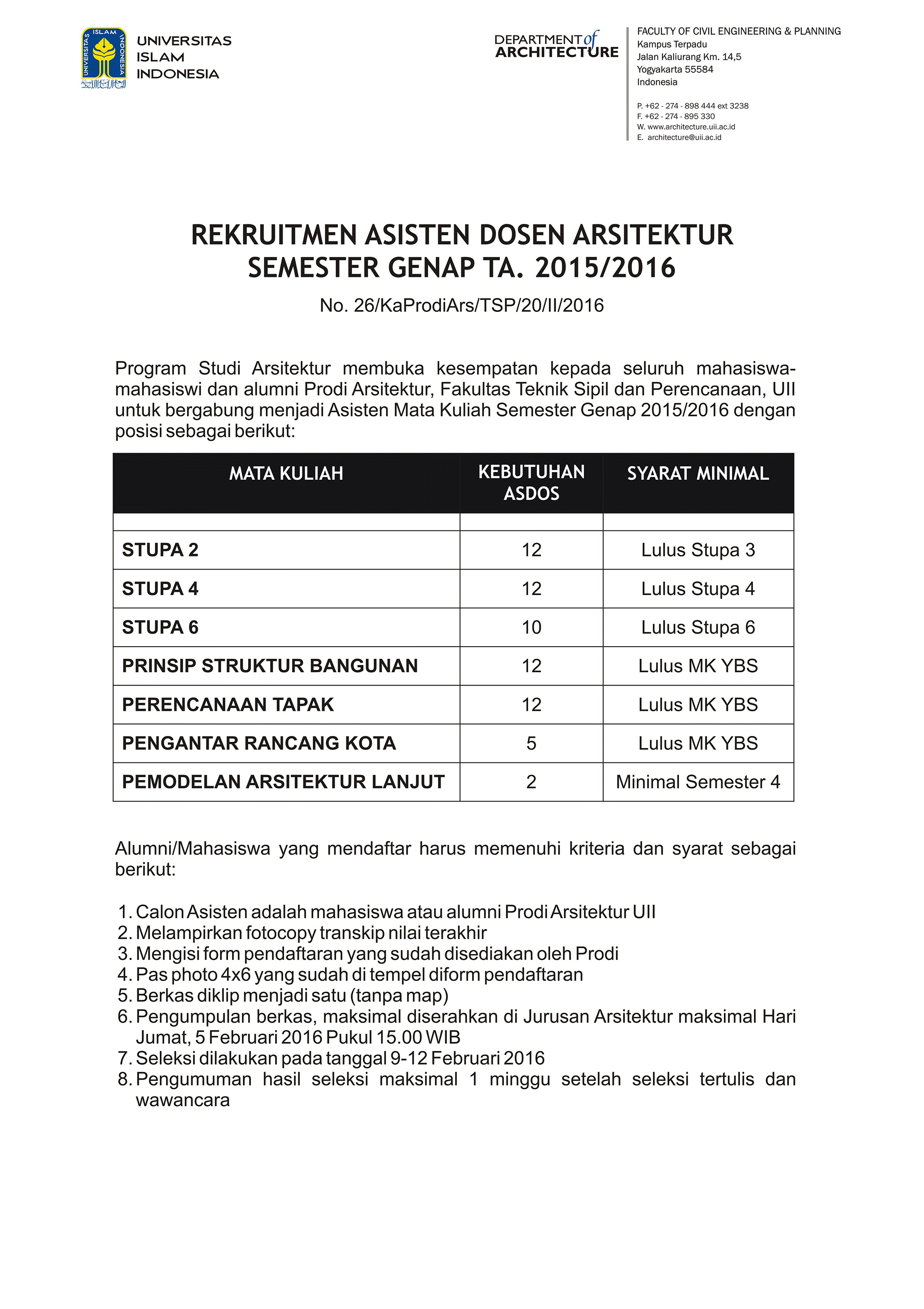 REKRUITMEN ASISTEN MK SEMESTER GENAP 2015 2016 Arsitektur UII